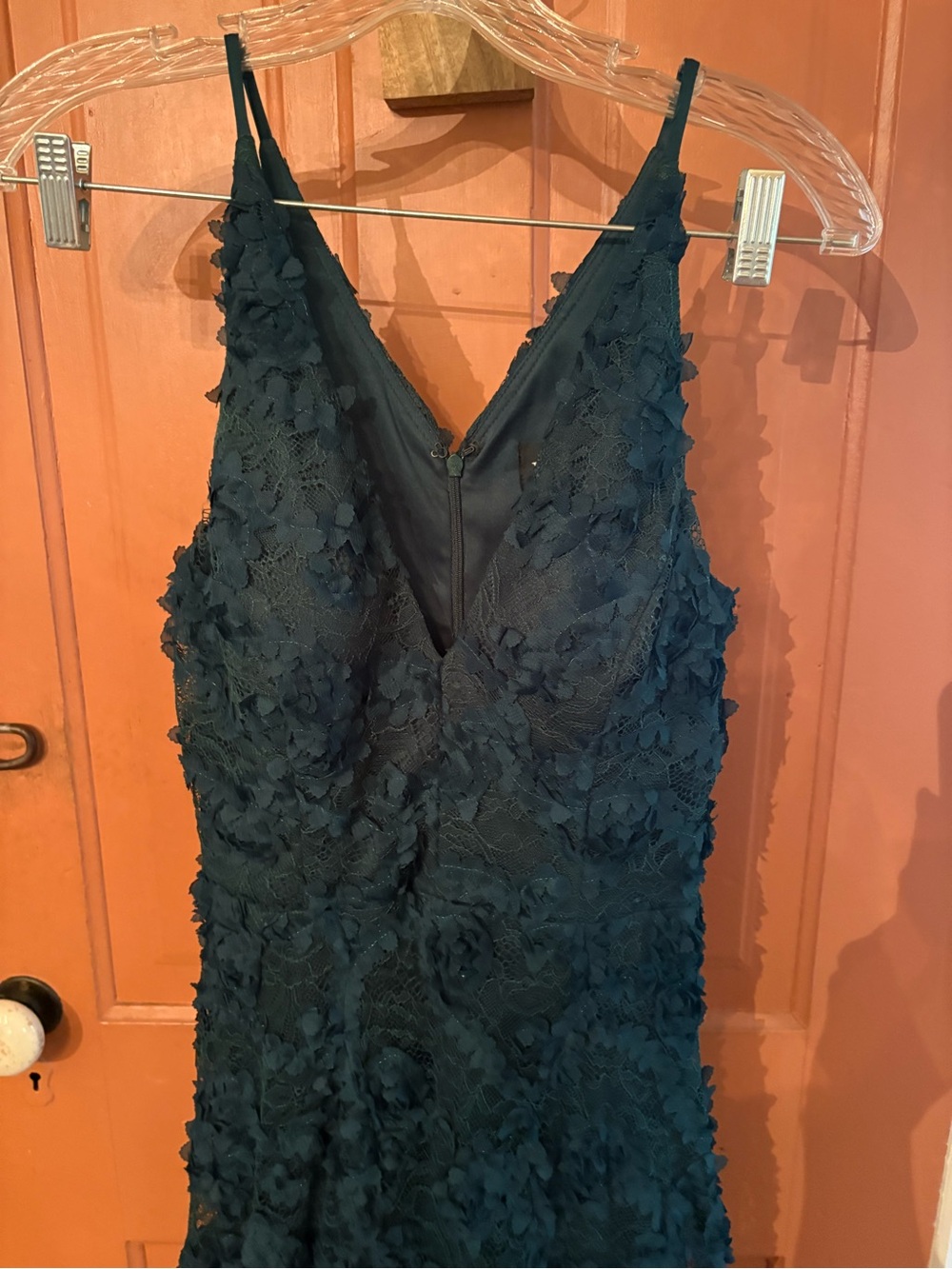 Women's forest green embellished floral Lace Appliqué V-Neck Dress